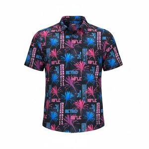 Retro Rifle South Beach Shirt Mens Medium Black Neon Pink Blue Palm Tree Stretch